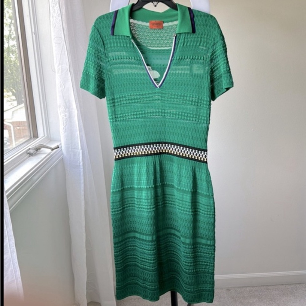 Missoni Green Knit Polo-Style Dress, Black & White Waist Trim. Sz 46/like new